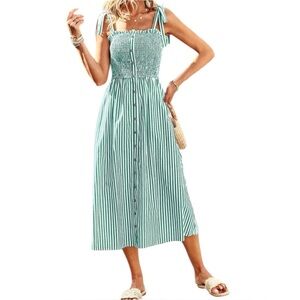 Lark + Grey feminine striped smocked bodice spaghetti strap tie detail dress